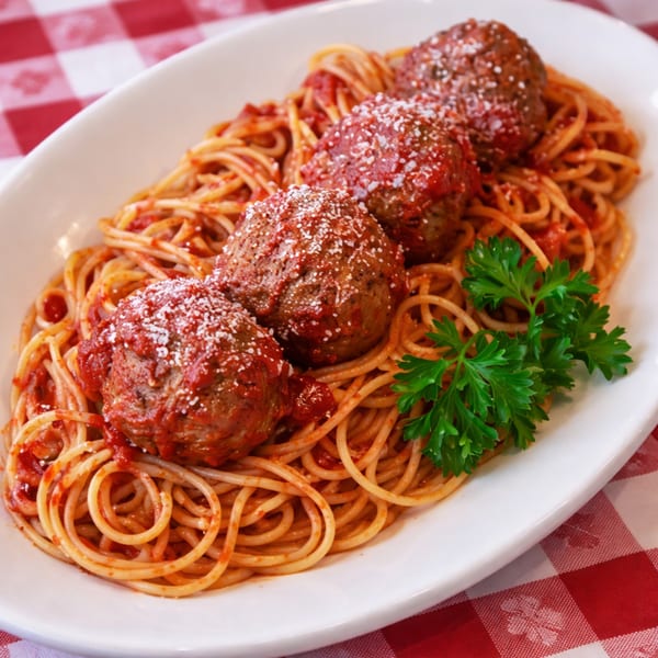 Spaghetti and meatballs with tomato sauce, parmesan cheese, and parsley on a white plate.