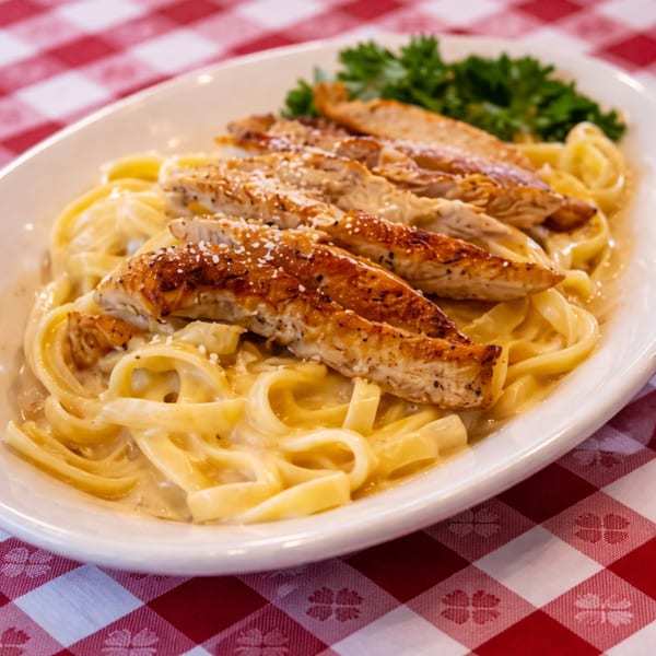 Grilled chicken fettuccine alfredo with parsley on a white plate over a red and white checkered tablecloth.