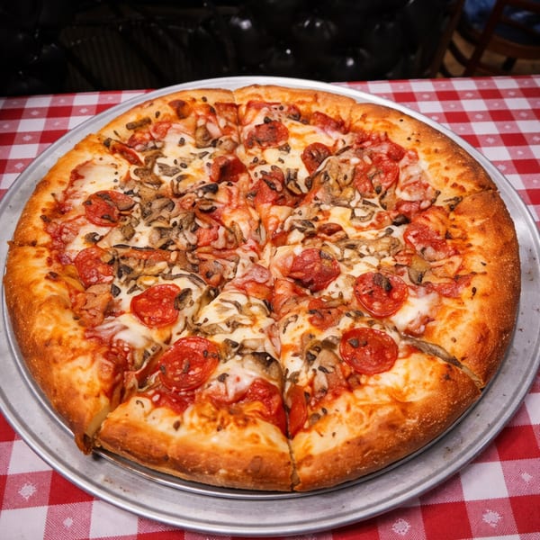 A whole pepperoni and mushroom pizza on a metal tray, resting on a red and white checkered tablecloth.