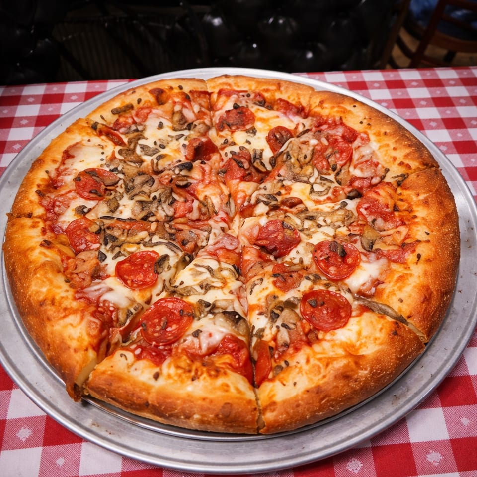 A whole pepperoni and mushroom pizza on a metal tray, resting on a red and white checkered tablecloth.